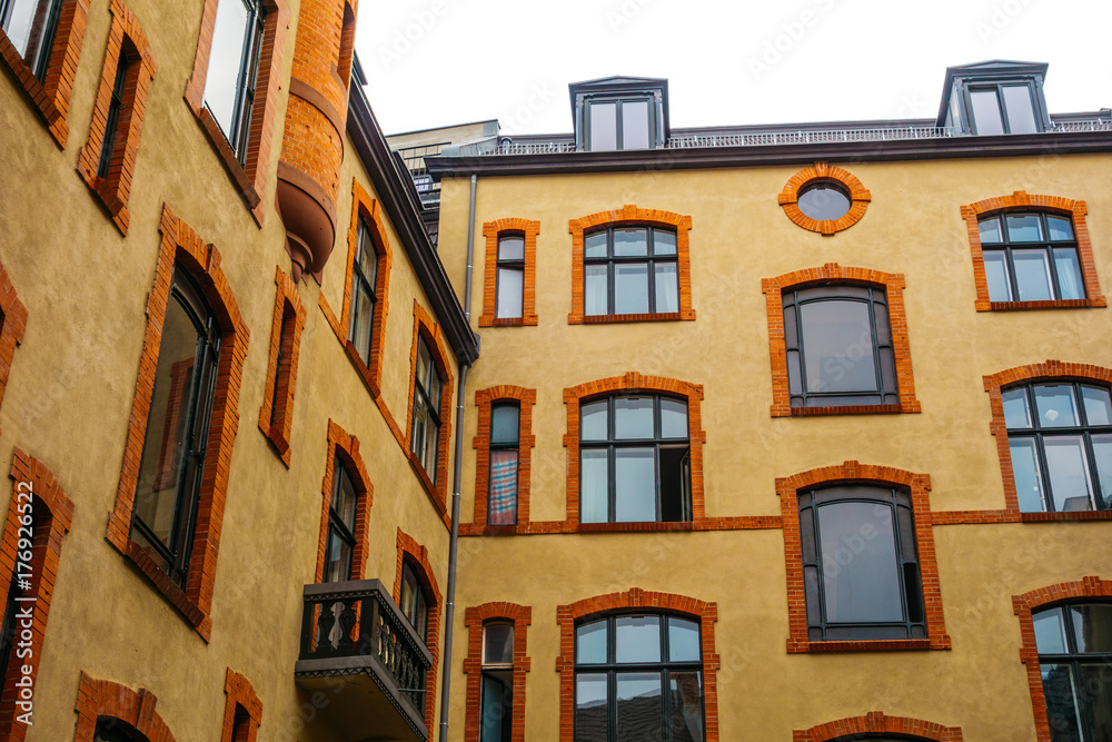 old industrial brown houses in a backyard