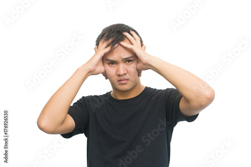 emotions and people concept - asian man has stressed isolated on white background with clipping path
