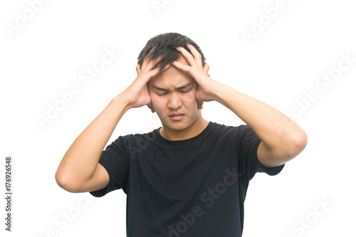 emotions and people concept - asian man has stressed isolated on white background
