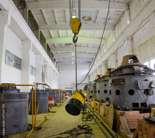 Engines of water pumps at a water pumping station. Pumping irrig photo