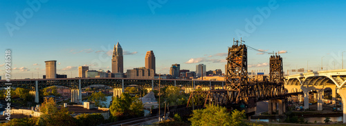 Cleveland panorama with skyline and bridges over the Cuyahoga