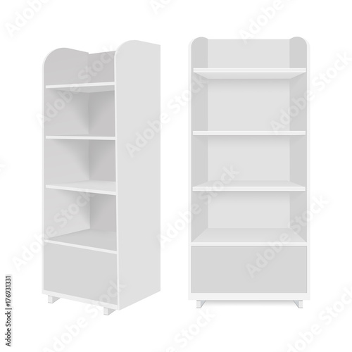 Blank empty showcase display with retail shelves. Vector mock up template ready for your design