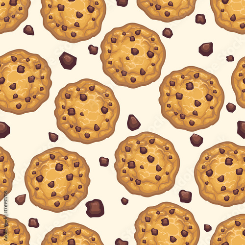 Choco chip cookie seamless pattern. Homemade chocolate cookies and crumbs white background, vector illustration