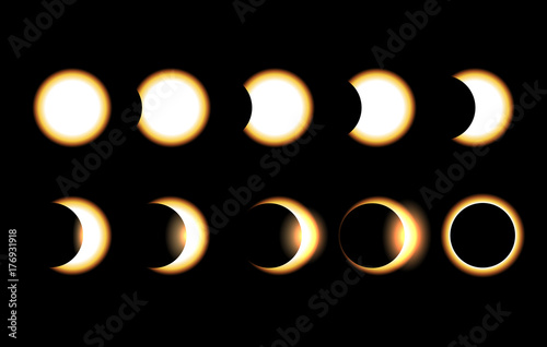 Solar eclipse different phases vector illustration. Full moon eclipse sun with orange sunshine