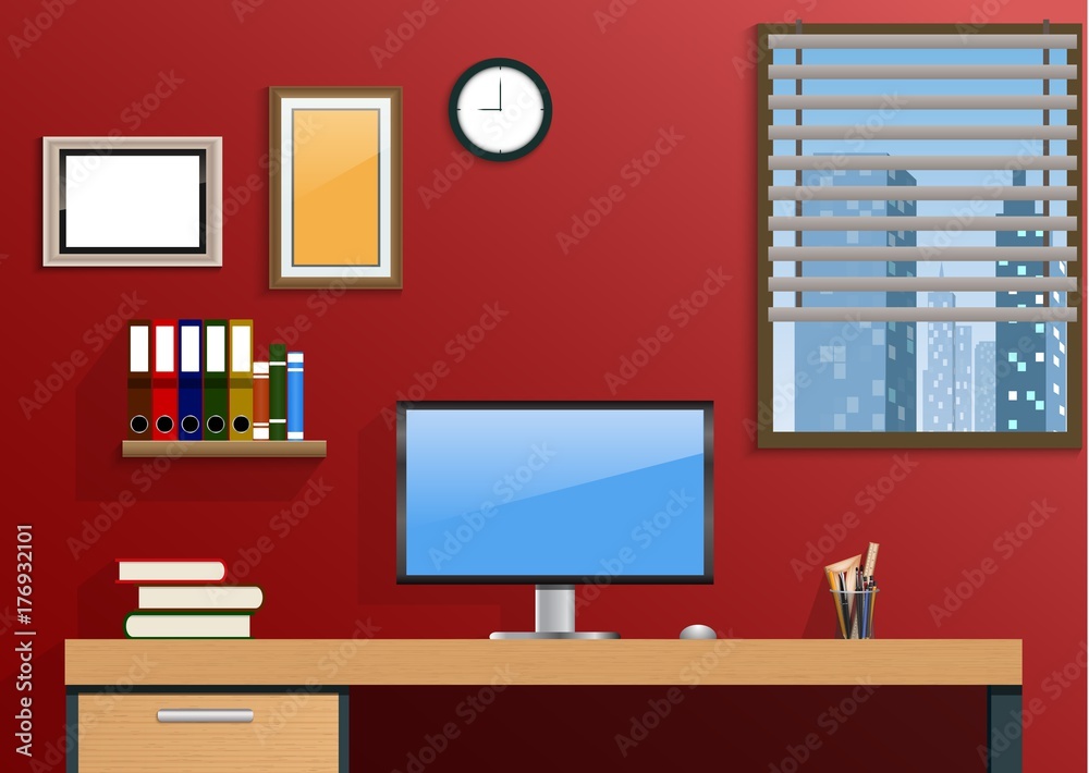 Workplace in room with view city at window Workplace in room with view city at window