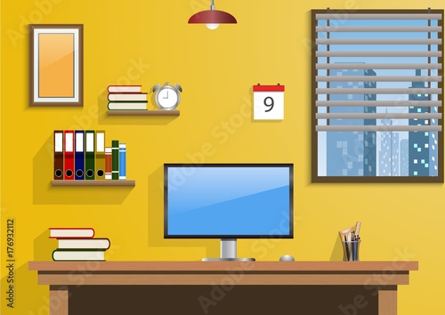 Workplace in room with view city at window
