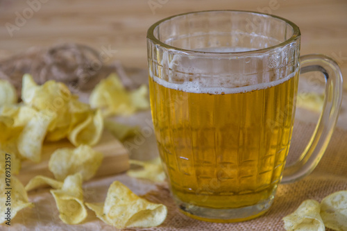 Beer and chips on the table. Octoberfest theme