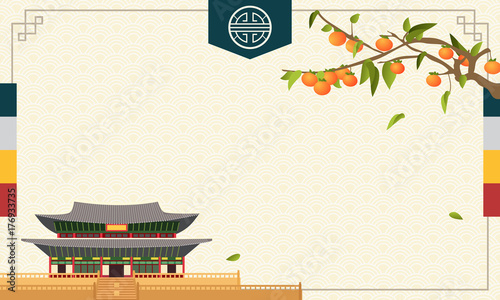 Korean Harvest Mid Autumn Festival (Chuseok or Hangawi) Background vector illustration, Persimmon tree with traditional Korean palace