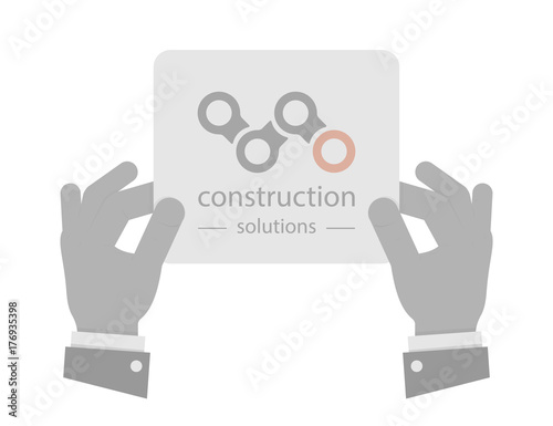 Elegant male hands holding a sign. Presentation of the logo.