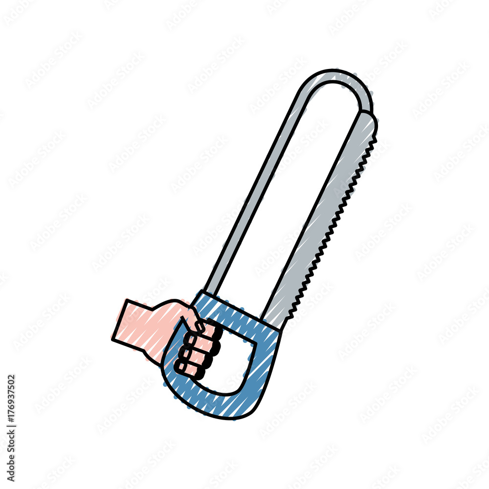 flat line colored hand with saw doodle over white background vector illustration flat line colored hand with saw doodle over white background vector illustration
