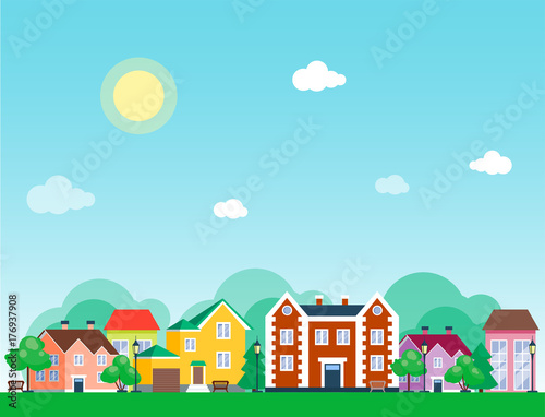 City outdoor day landscape house and street buildings outdoor cityspace disign vector illustration modern flat background