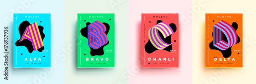 Modern Typographic Colorful Covers. Isometric Letters A, B, C, D With Abstract Memphis Design Background. Vector Trendy Template For Your Posters, Banners, Presentations, Layouts