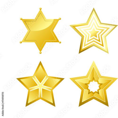 Shiny bright five-pointed stars of several designs with smooth surface