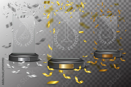 Glass golden, silver and bronze winner podium plate with falling confetti on transparent background. Vector illustration.