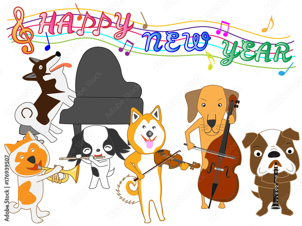 Fototapeta premium ２０１８年の年賀状素材の犬のコンサート
