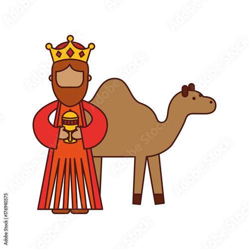 cartoon wise king with camel manger characters