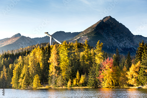 Beautiful view of the mountain lake Strbske Pleso during sunset. Autumn colors at sunset.