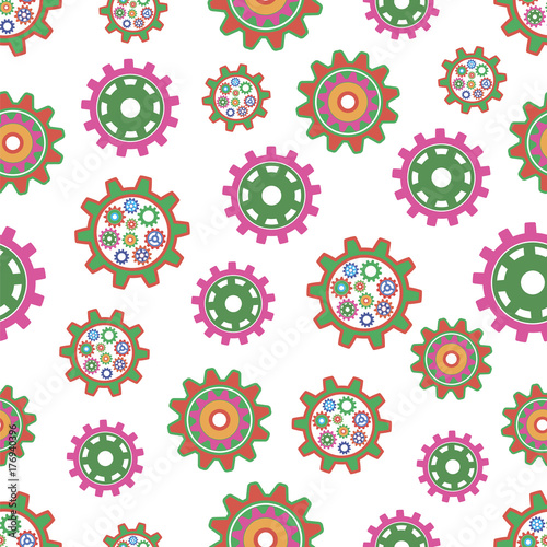 Seamless gear pattern. Colorful gears on a white background. Vector illustration.