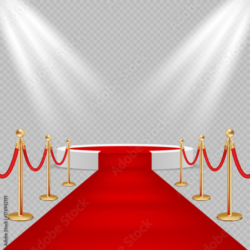 White round podium with red carpet vector realistic illustration