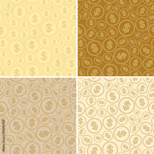 golden backgrounds with dollars - vector seamless patterns of coins