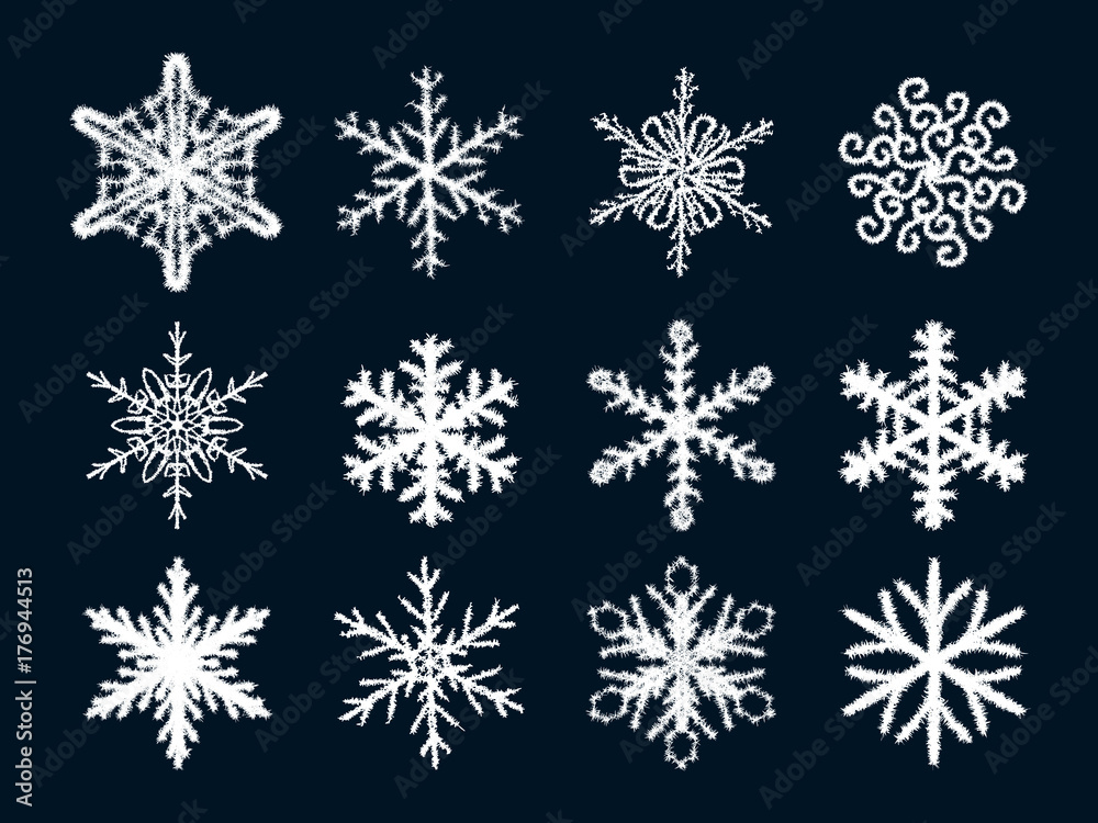 Fluffy snowflakes snowflakes on a dark background. Vector illustration. Fluffy snowflakes snowflakes on a dark background. Vector illustration.