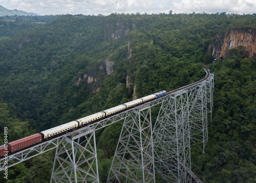 The famous viaduct Goteik between Pyin Oo Lwin and Hsipaw in Myanmar.It is the highest bridge in Myanmar.Aerial view from the drone photo