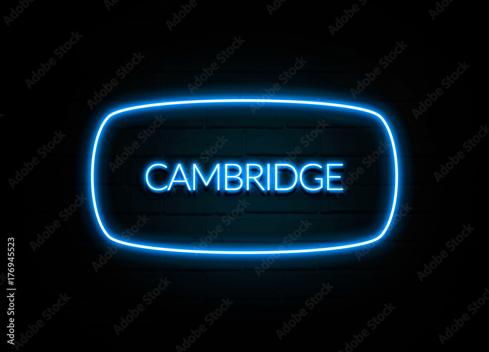 Cambridge - colorful Neon Sign on brickwall Cambridge - colorful Neon Sign on brickwall