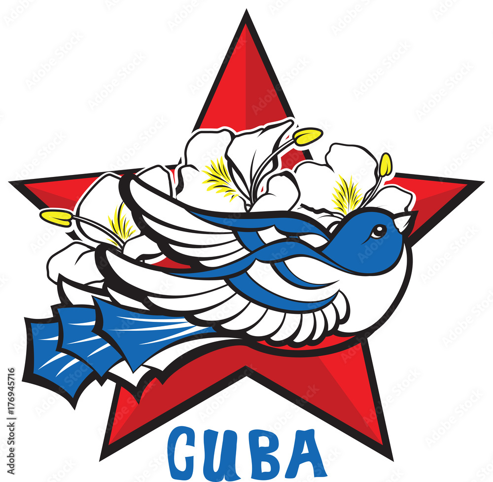Freedom and liberty symbol blue cuban bird, red star, flowers. Icon
