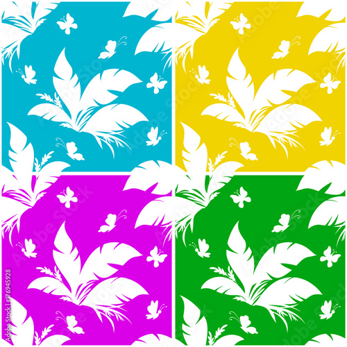 Set Seamless Floral Patterns  Exotic Plant and Butterfly White Silhouettes on Colorful Tile Background. Vector