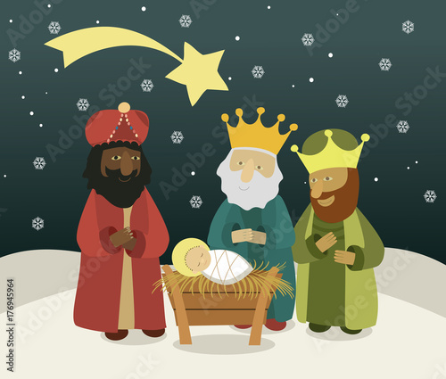 Three wise men bring presents to Jesus