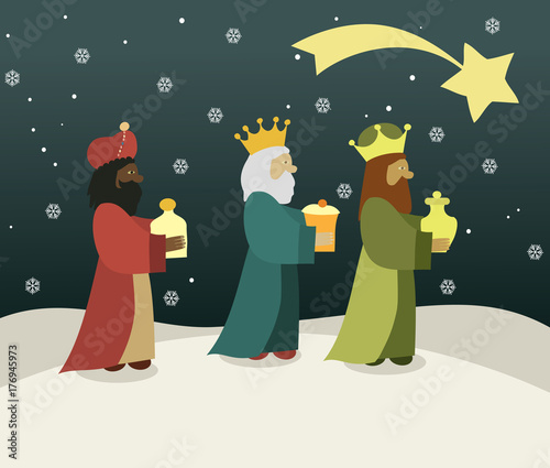 Three wise men bring presents to Jesus