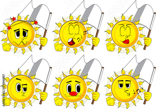 Cartoon sun holds white flag of surrender. Collection with various facial expressions. Vector set.