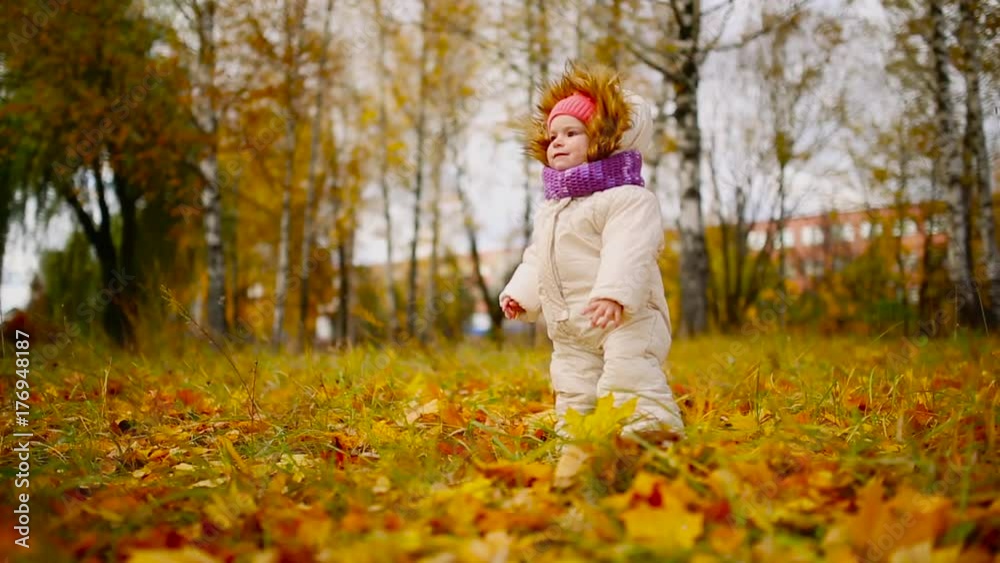 Little girl in autumn clothing in warm hat and scarf standing in the Park watching the yellow leaves falling off the trees. Lifts and separates the leaves from the tree. Little girl in autumn clothing in warm hat and scarf standing in the Park watching the yellow leaves falling off the trees. Lifts and separates the leaves from the tree.