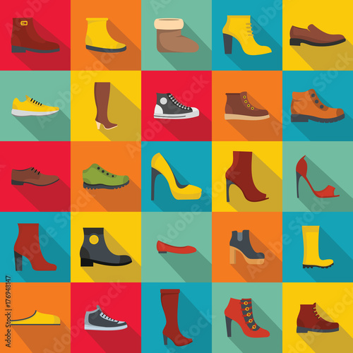 Footwear shoes icon set, flat style