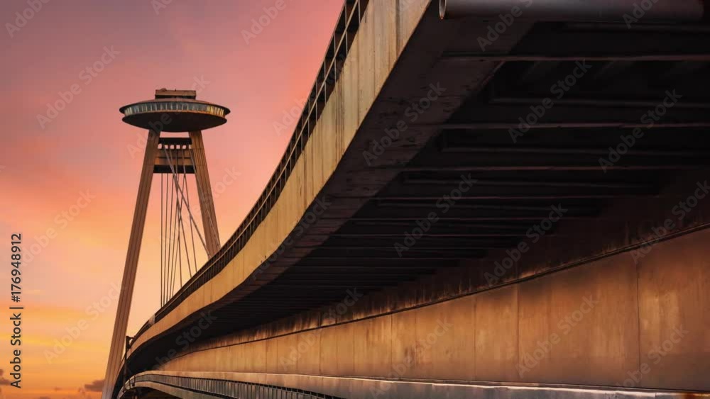 bratislava landmark ufo tower and bridge timelapse at sunset