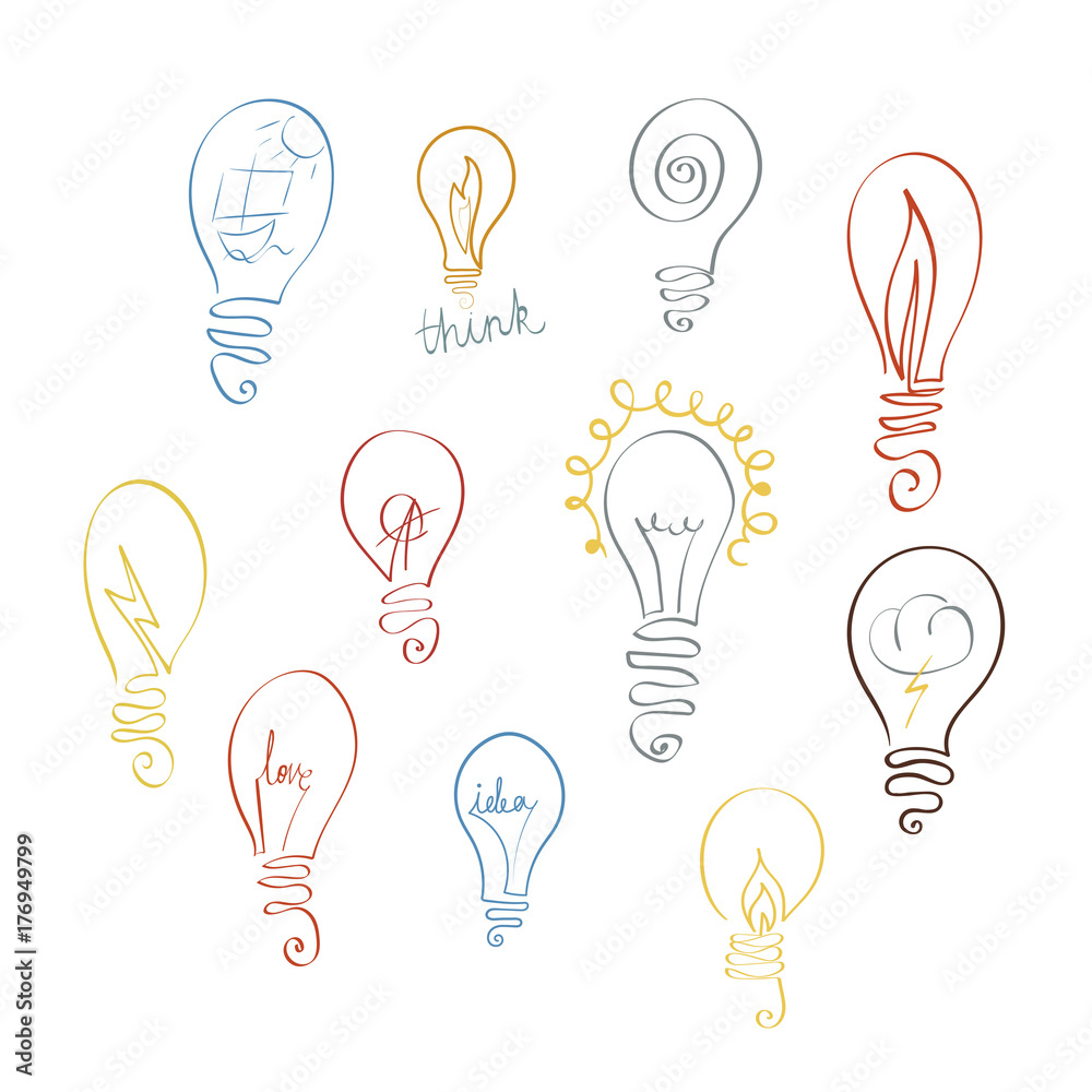 Vector set of light bulb icons with concept of idea. Doodle sign collection. Vector set of light bulb icons with concept of idea. Doodle sign collection.