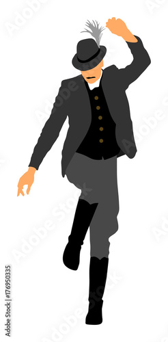 Csardas dancer vector illustration. Folklore of Hungary. Bavarian man on octobarfest. Polka dance performer. 
