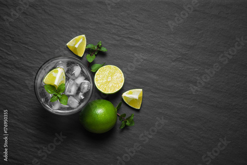 top view of fresh Mojito closeup on a grey stone background