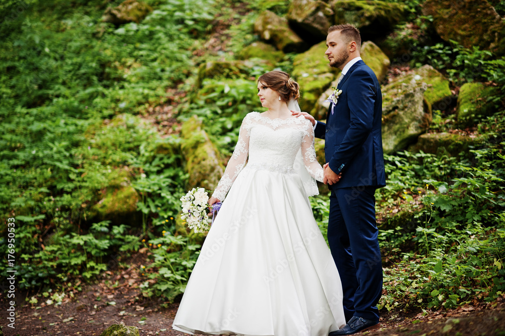 Newlyweds posing with huge rocks on the background in the forest on a wedding day. Newlyweds posing with huge rocks on the background in the forest on a wedding day.