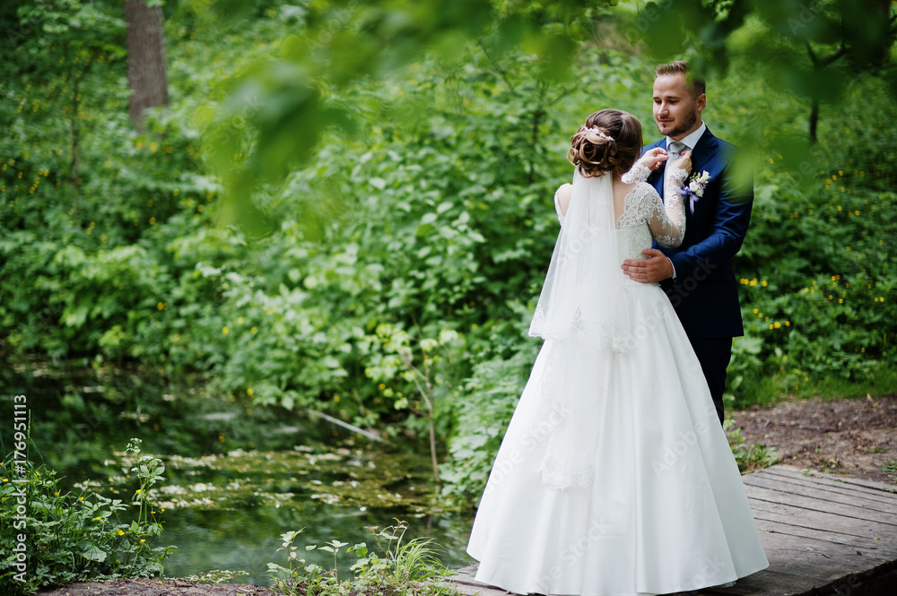 Attractive wedding couple standing and posing on a small wooden bridge next to the pond in the forest. Attractive wedding couple standing and posing on a small wooden bridge next to the pond in the forest.