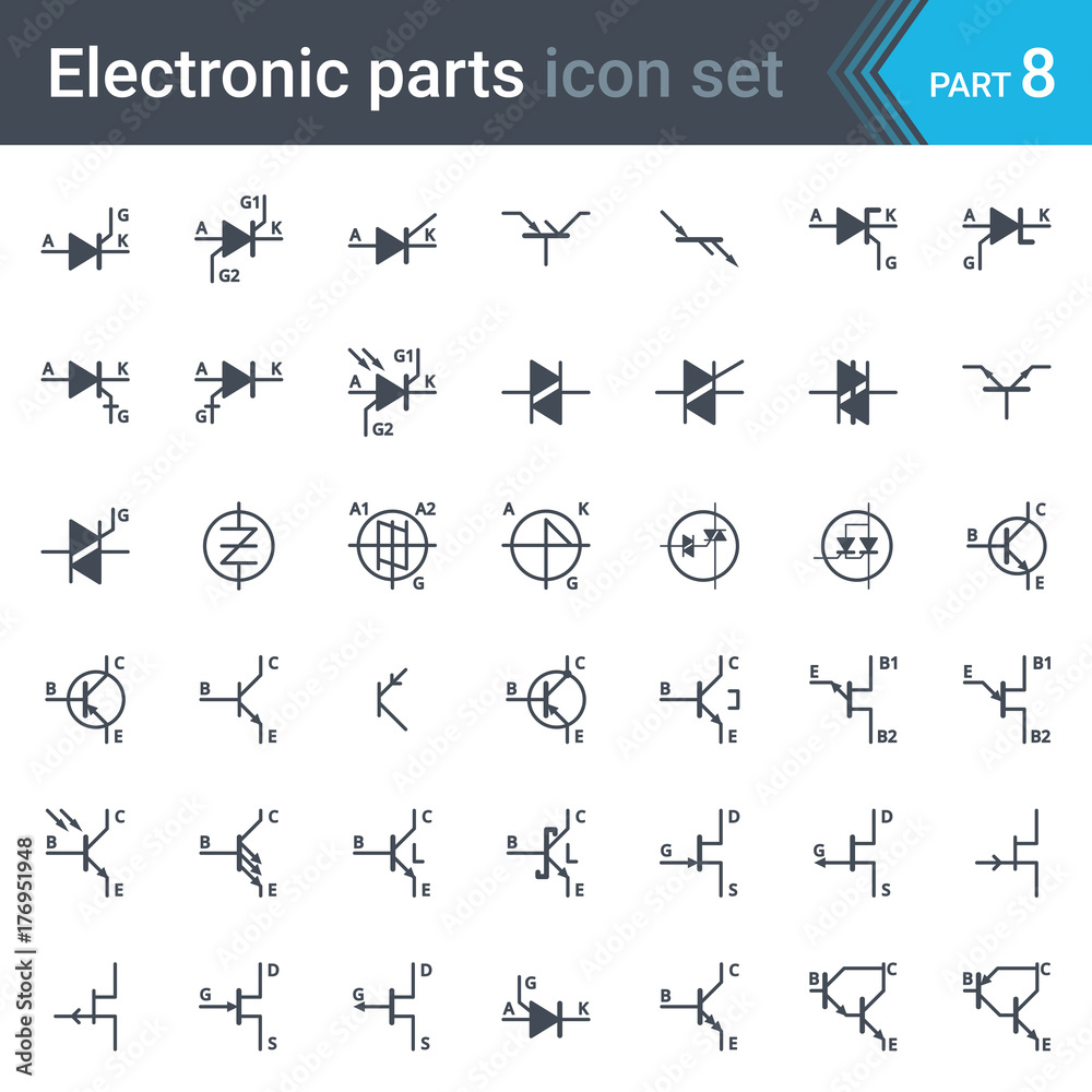Complete vector set of electric and electronic circuit diagram symbols and elements - thyristors, triacs, diacs and transistors