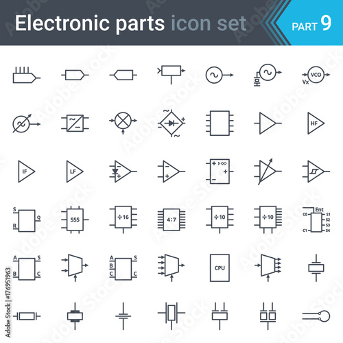 Complete vector set of electric and electronic circuit diagram symbols and elements - circuitry, blocks, stages, amplifier, logic circuits, piezoelectric crystals and crystal oscillators