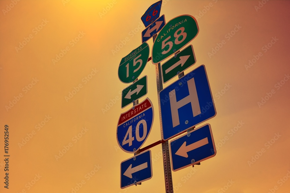 Interstate 40 road signs with dawn lights. Interstate 40 road signs with dawn lights.