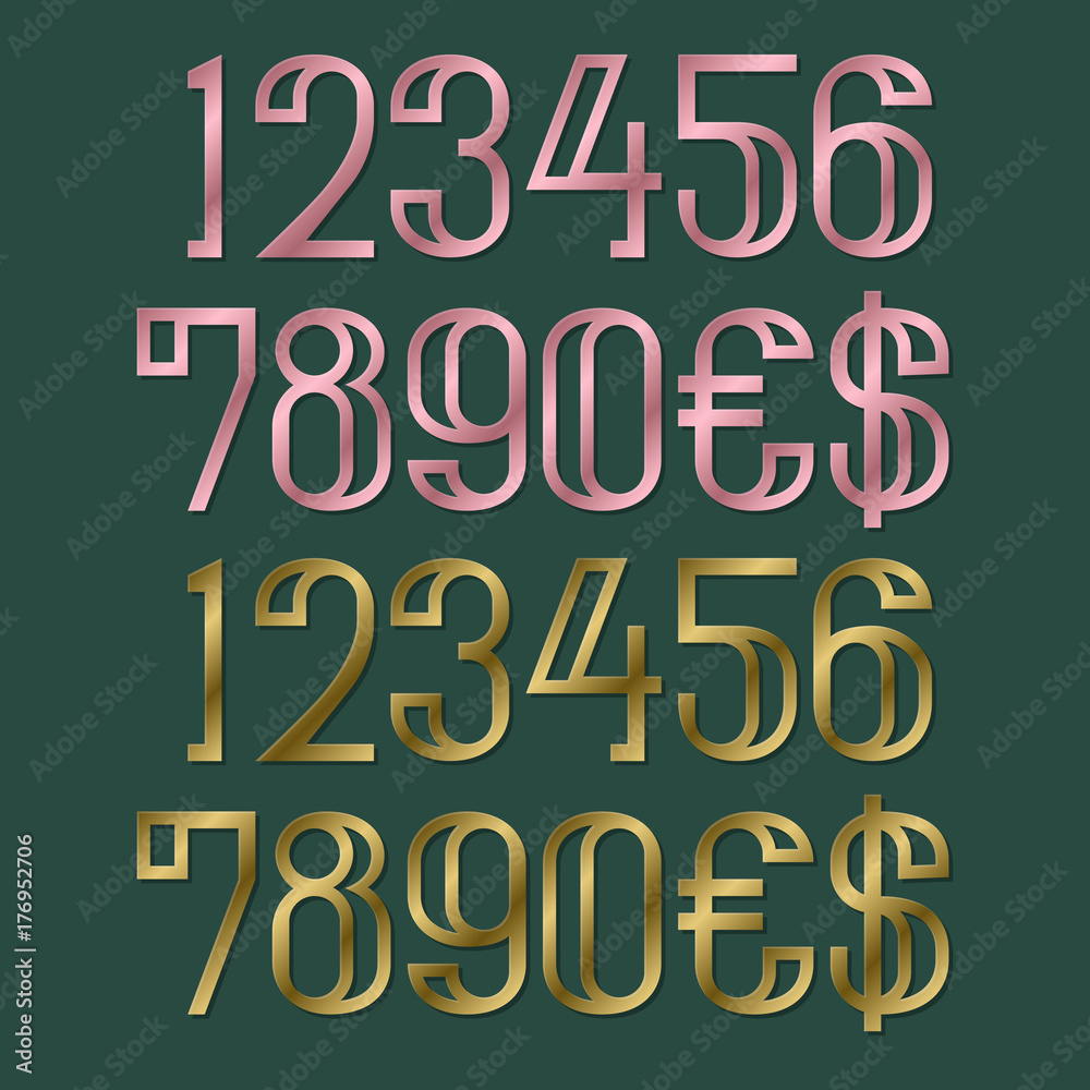 Pink and gold numbers with dollar and euro symbols. Metallic stamped typographic elements.