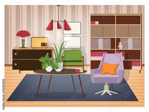 Colorful interior of living room furnished in old fashioned style. Retro furnishings and decor - swivel armchair, coffee table, lamp, radio transmitter, sideboard, pendant light. Vector illustration.