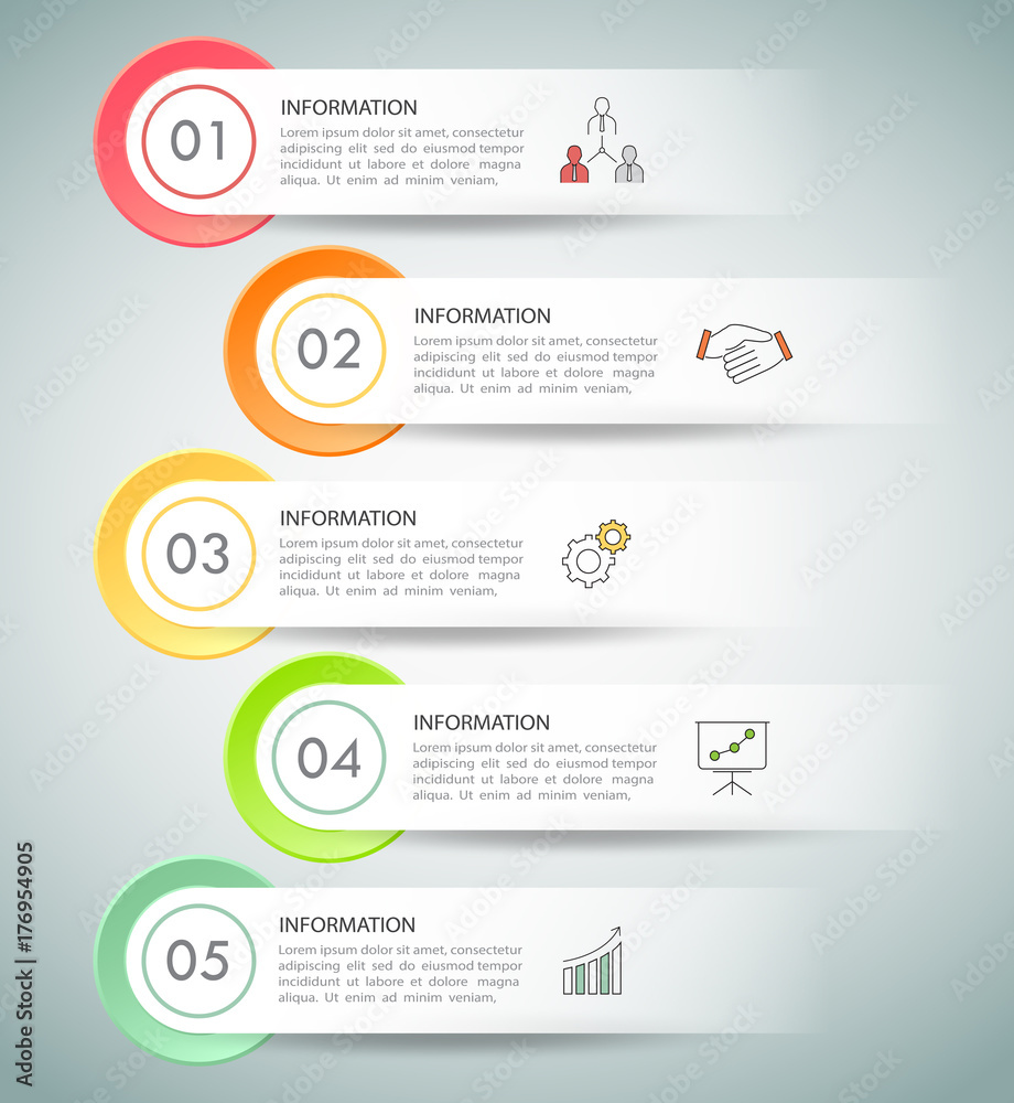 Design infographic template 5 options. Business concept can be used for workflow layout, diagram, number options, timeline, steps, demo infographic Design infographic template 5 options. Business concept can be used for workflow layout, diagram, number options, timeline, steps, demo infographic