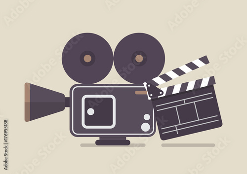 Retro movie camera and movie clapper