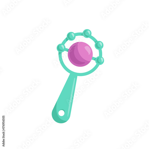 Cartoon trendy design baby greenl rattle with pink ball. Vector simple gradient child accessory illustration.