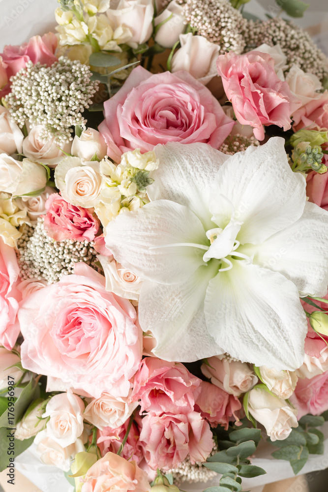 Flower composition on a gray background. Wedding and Festive decor. pink color. closeup