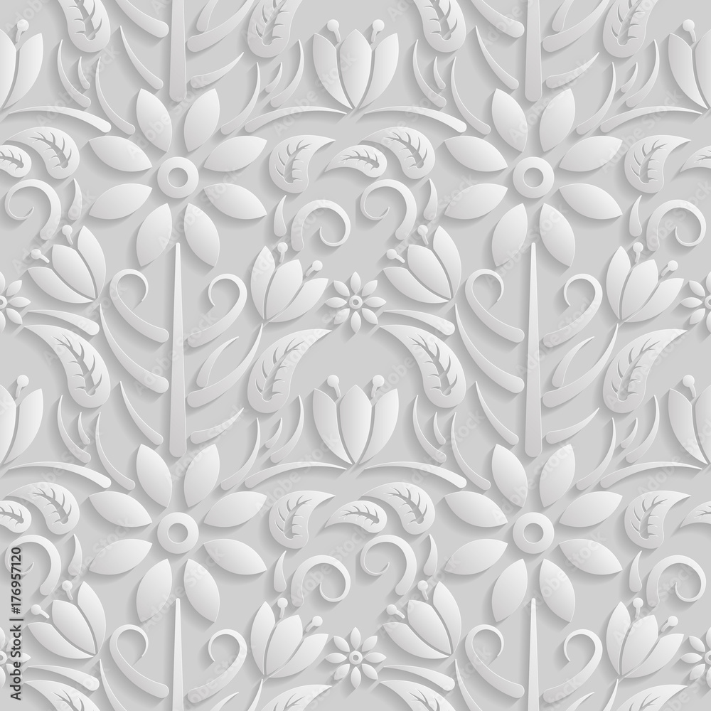 Seamless 3D white pattern, natural floral pattern, vector. Endless texture can be used for wallpaper, pattern fills, web page background, surface textures. Seamless 3D white pattern, natural floral pattern, vector. Endless texture can be used for wallpaper, pattern fills, web page background, surface textures.